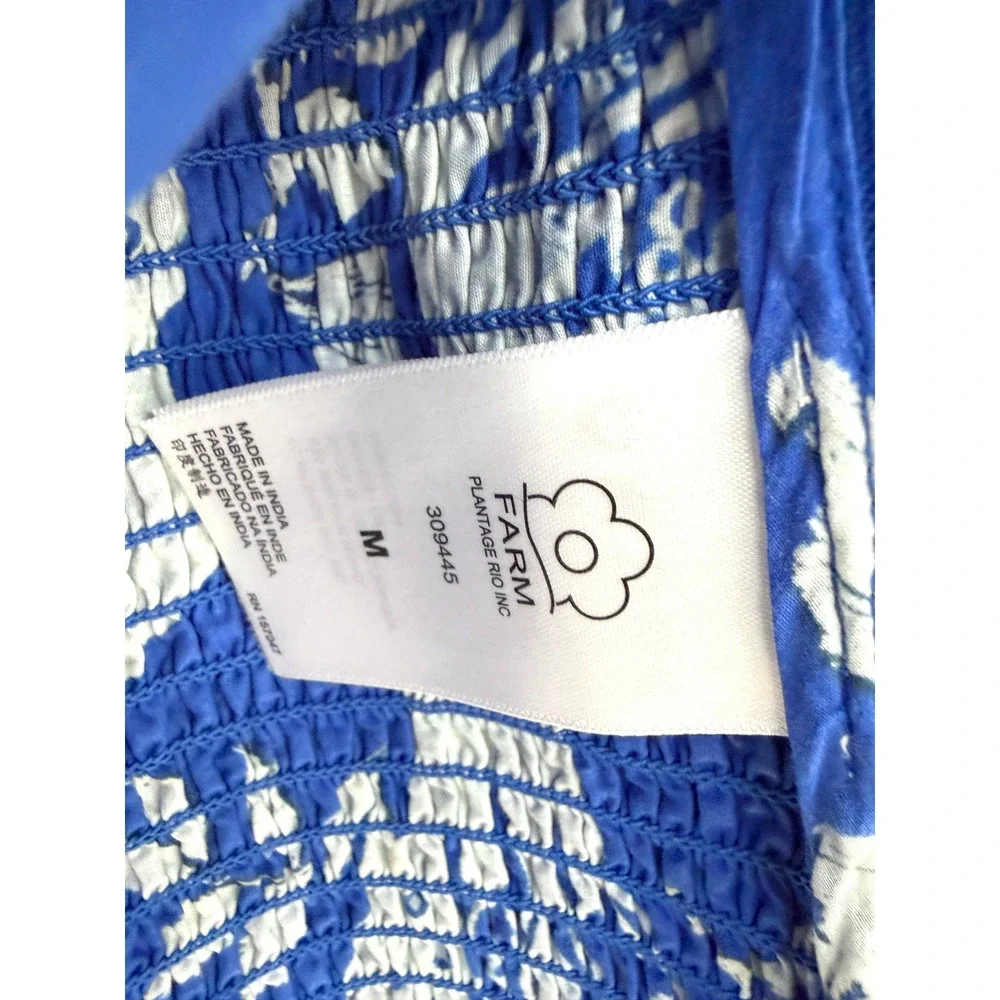FARM RIO Blue White Tropical Sweet Rio Lace Crop Top Smocked Blouse / Size M